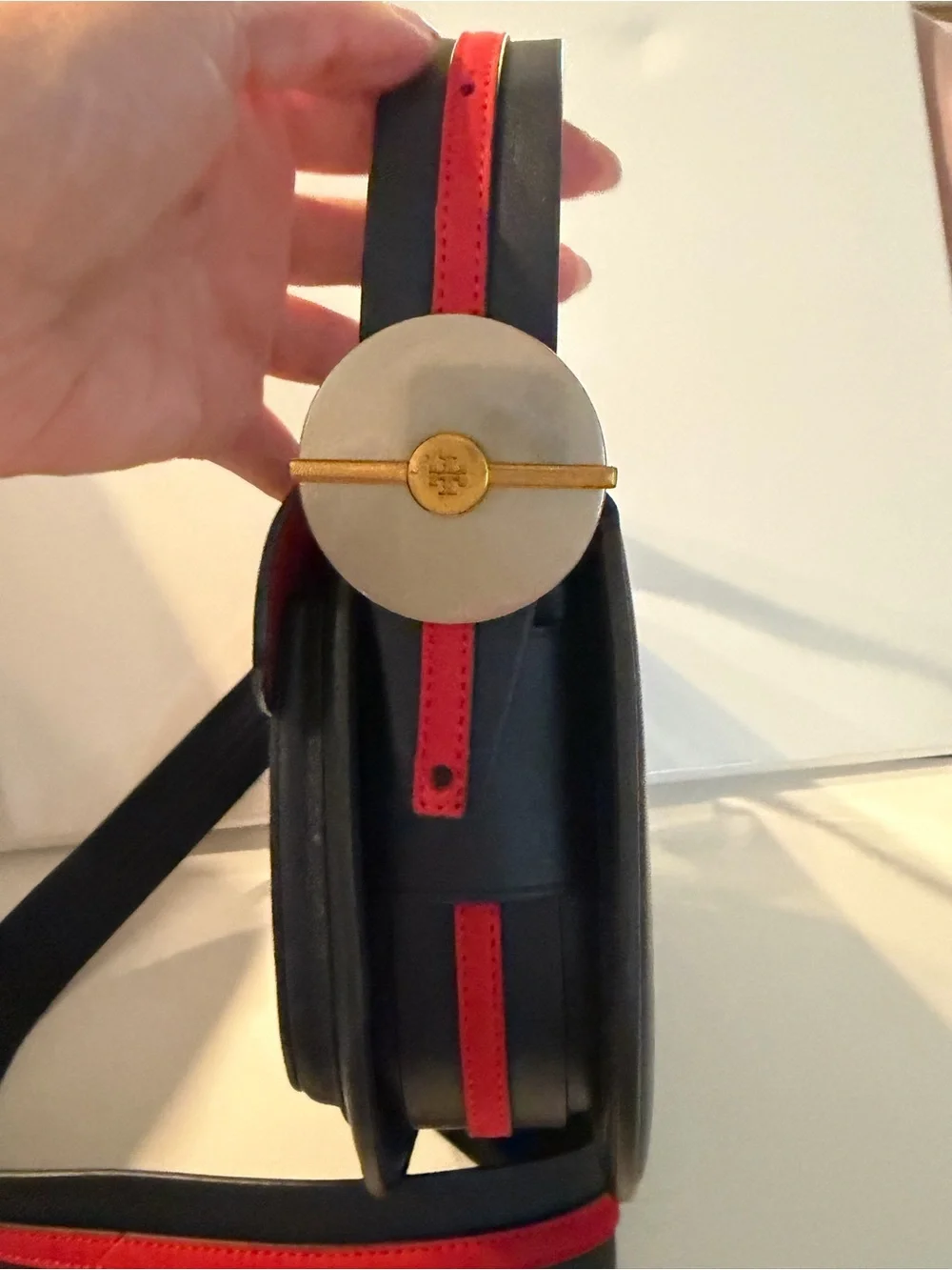 Navy Blue Leather Saddle Crossbody Bag with Navy Blue/Red-Trim Strap